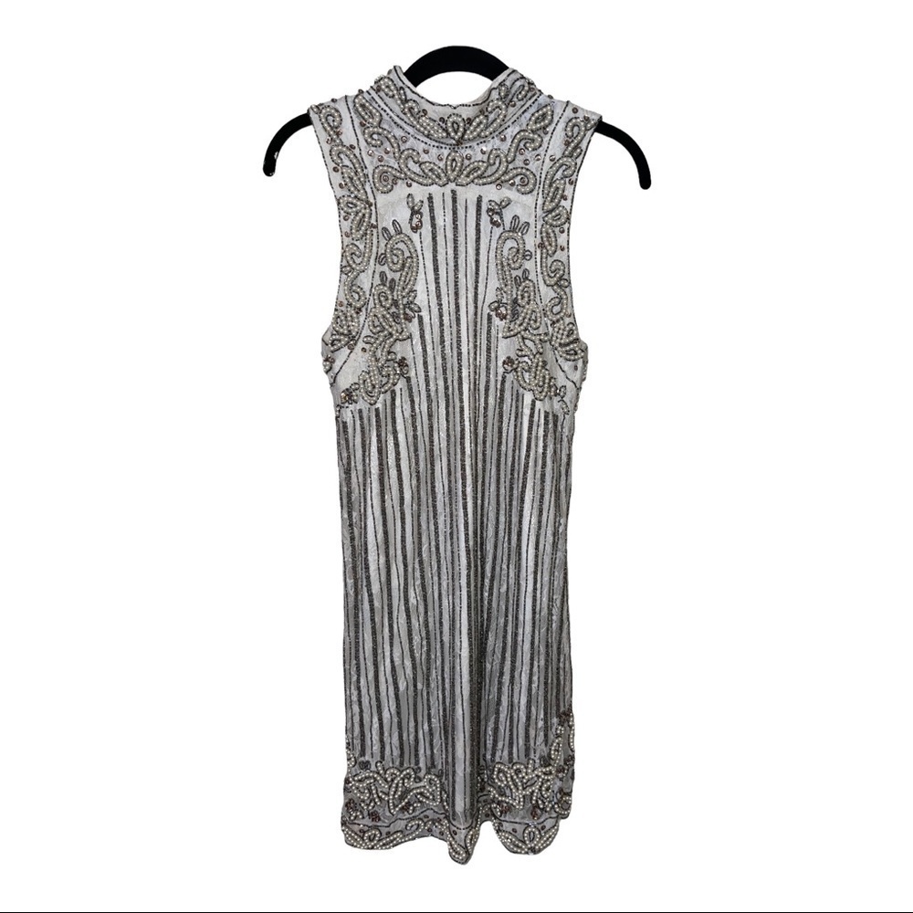 NBD x Revolve Ivory Silver Pearl Beaded High Neck Mini Sheath Dress Small - Picture 11 of 16
